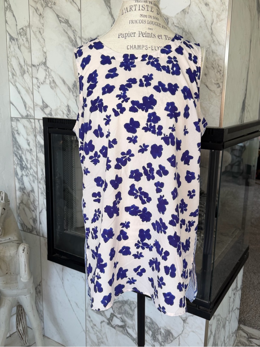 CAbi White Sleeveless Tunic with Bold Blue Floral
